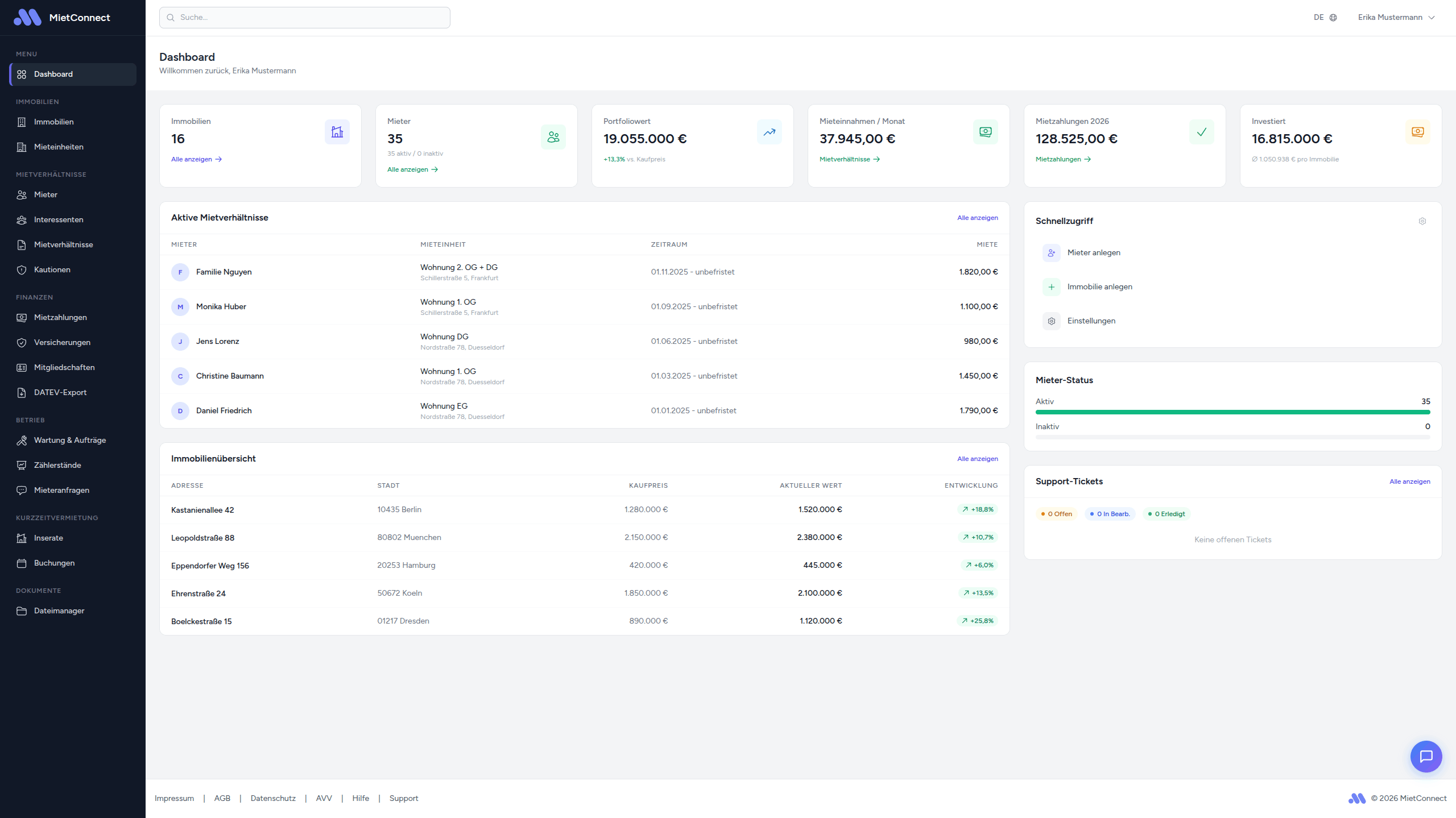 MietConnect Dashboard - Digitale Immobilienverwaltung